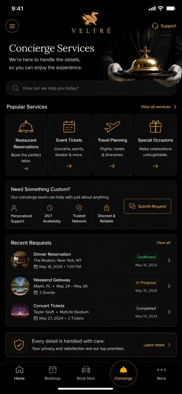 Veltré app — concierge home